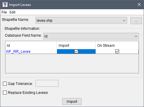 Example shapefile selected in the Import Levees dialog box.