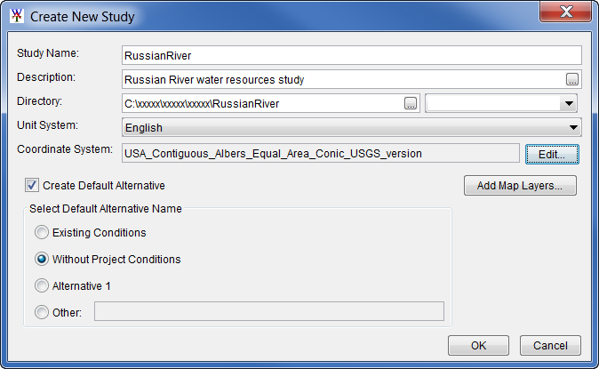 Create New Study dialog box completed example.