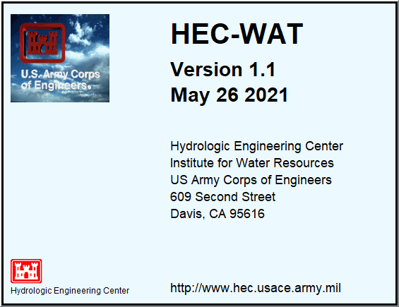 HEC-WAT Version 1.1 Splash dialog box.