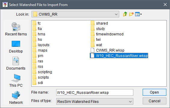 Select Watershed File to Import From browser window.