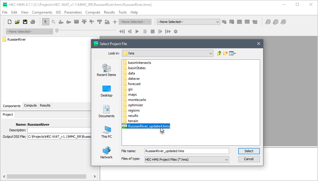 HEC-HMS main window and Select Project File browser window.