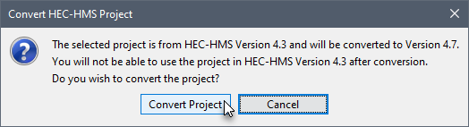 Convert HEC-HMS Project message dialog.