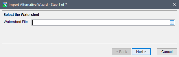 Import Alternative Wizard - Step 1 of 7 dialog box to select the watershed file. 