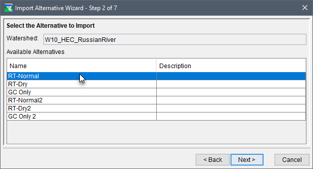 Import Alternative Wizard - Step 2 of 7 dialog box to select the HEC-ResSim alternative to import. 