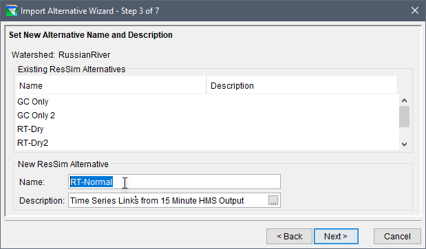 Import Alternative Wizard - Step 3 of 7 dialog box to set a new alternative name for the selected alternative.