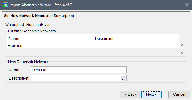 Import Alternative Wizard - Step 4 of 7 dialog box to select the network to import and set a new name for the selected reservoir network. 