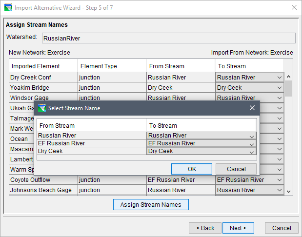 Import Alternative Wizard - Step 5 of 7 and Select Stream Name dialog boxes to assign the stream names. 