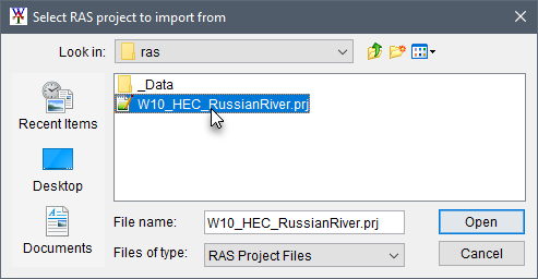 Select RAS project to import from browser window.