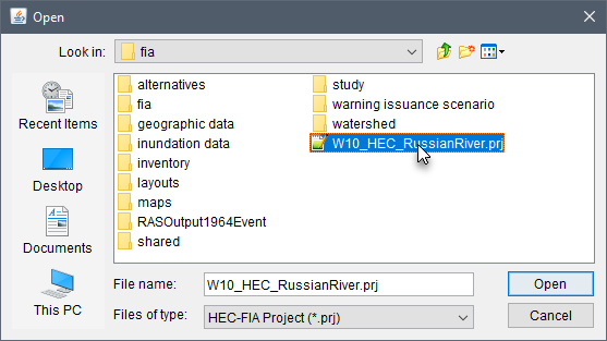 Open browser window with an example HEC-FIA Project file selected.