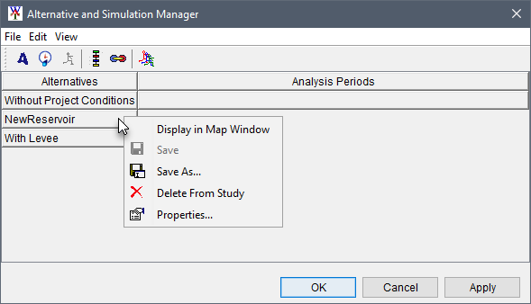 Example, Alternative and Simulation Manager dialog box displaying additional alternatives and alternative shortcut menu