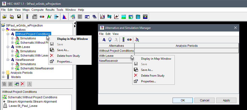 Individual alternative shortcut menu opened in the Study Tree and Alternative and Simulation Manager dialog box