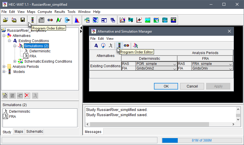 HEC-WAT main window and Alternative and Simulation Manager dialog box displaying the Program Order toolbar button.