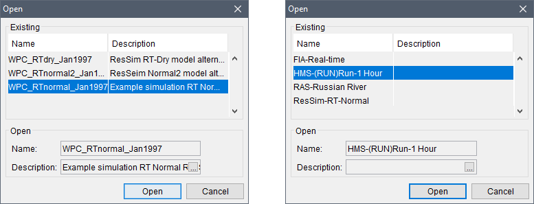 Open dialog box to select and open an existing simulation (left dialog) or model (right dialog).