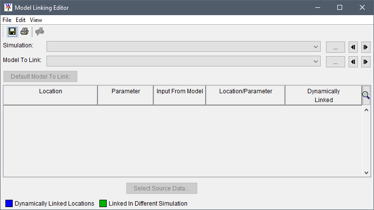 Model Linking Editor opened without a simulation or model to link selection.