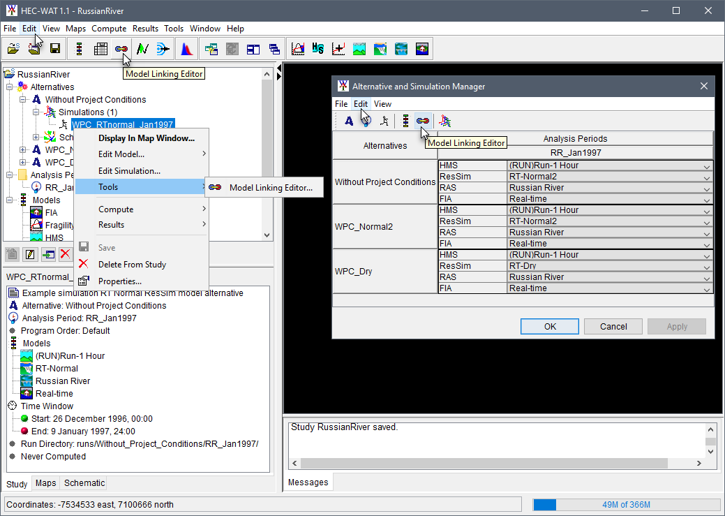 Open the Modeling Linking Editor from the HEC-WAT main window or the Alternative and Simulation Manager options.