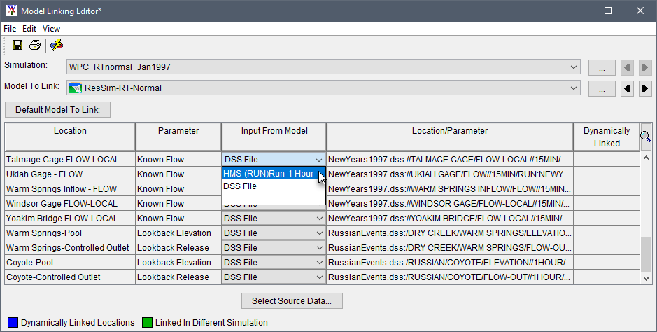 Model Linking Editor, example Simulation and Model To Link selection, and Input From Model options.