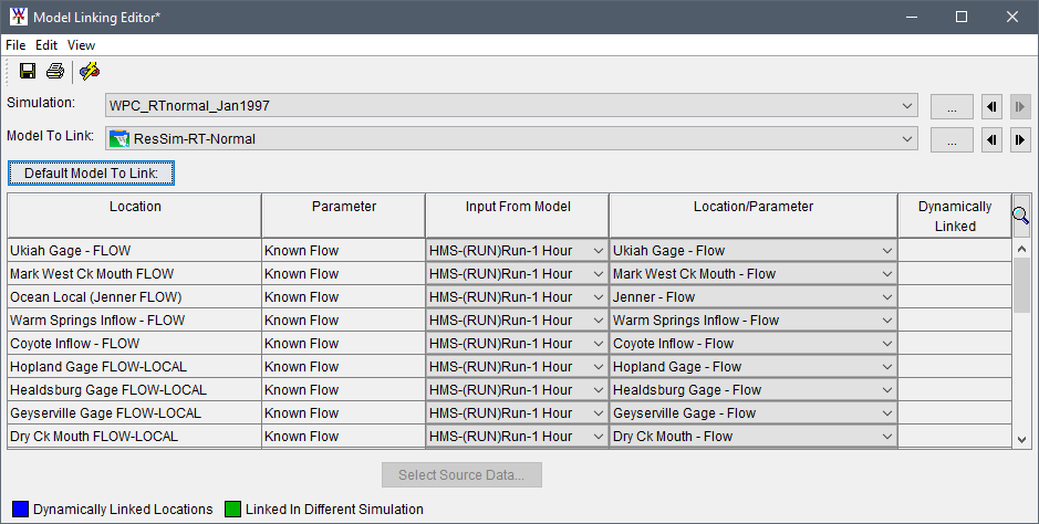 Model Linking Editor example results when using the Default Model to Link option for the HEC-ResSim model alternative.