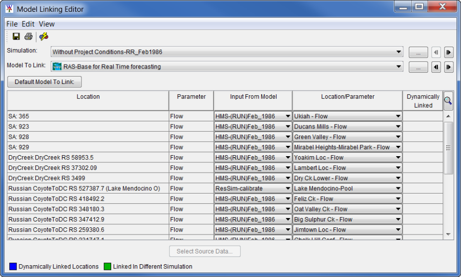 Model Linking Editor, example of a completed basic model linking example for an HEC-RAS model alternative. Model Linking Editor, example of a completed basic model linking example for an HEC-RAS model alternative.