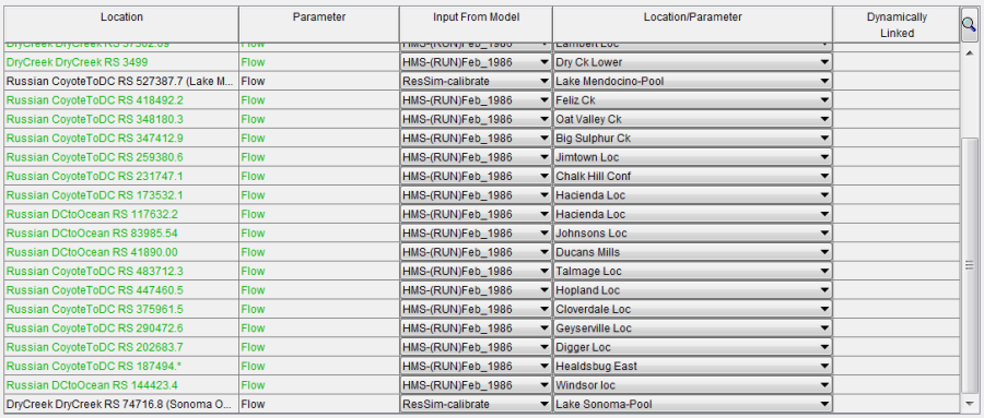 Model Linking Editor, view of the linkages table for a RAS model alternative already linked in another simulation as indicated by the green color-coding. Model Linking Editor, view of the linkages table for a RAS model alternative already linked in another simulation as indicated by the green color-coding.