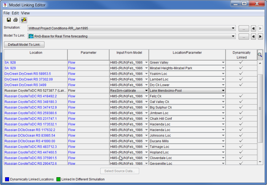 Model Linking Editor, displays an example of dynamically linked locations. Model Linking Editor, displays an example of dynamically linked locations. Locations are displayed in blue text when dynamically linked.