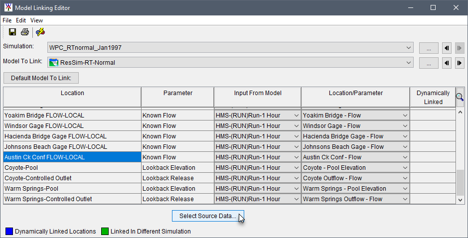 Model Linking Editor, Location and Select Source Data button selection.