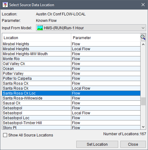 Select Source Data Location dialog box, example for a selected location linked to the HMS Input From Model.