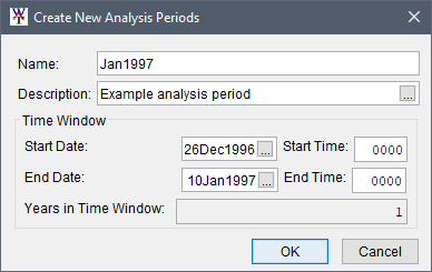 Example of a completed Create New Analysis Periods dialog box.