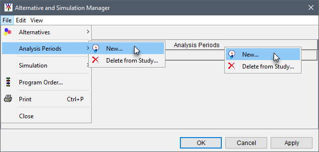 Alternative and Simulation Manager dialog box, create new analysis period File menu and Table Header options.