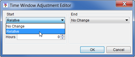 Time Window Adjustment Editor, Start dropdown list options.