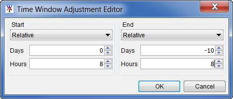Time Window Adjustment Editor, example Relative setup for the time window Start and End. 