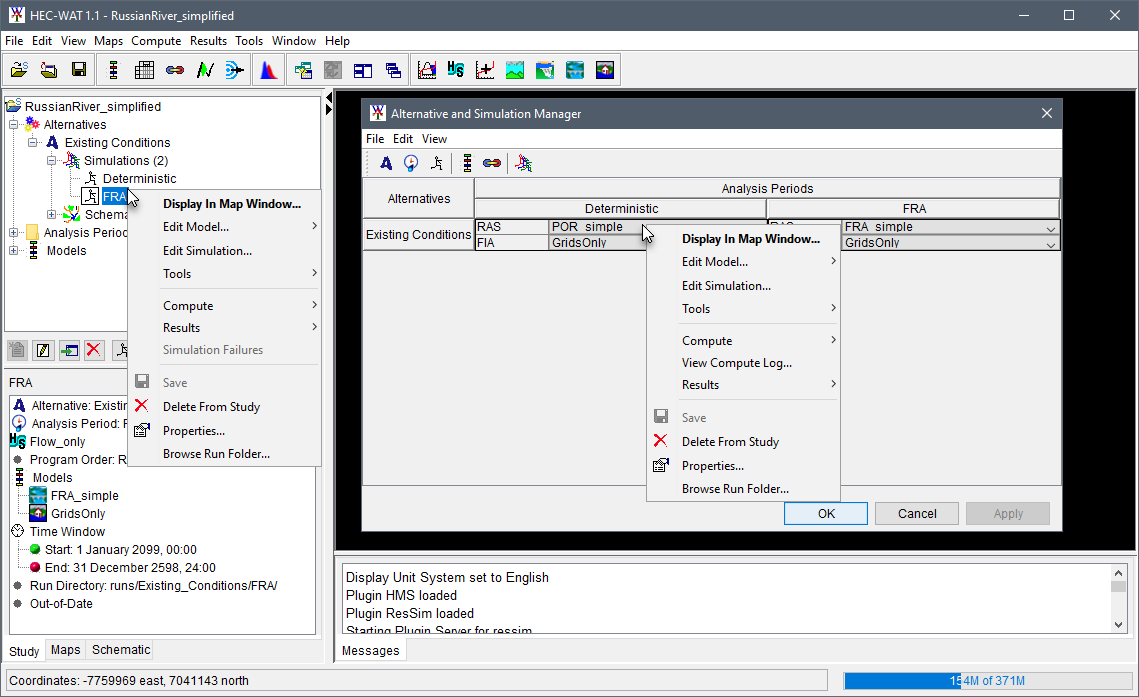 HEC-WAT main window and Alternative and Simulation Manager dialog box displaying the individual shortcut menu for two different simulations.