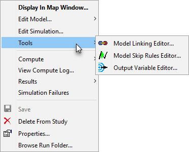 Individual simulation shortcut menu, Tools sub-menu commands for a Flood Risk Analysis, FRA, simulation.