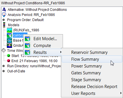 HEC-WAT main window, Content Pane displaying an example model alternative's Results sub-menu options.