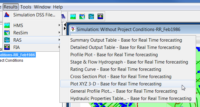 HEC-WAT main window, Results menu, HEC-RAS model alternative sub-menu options.