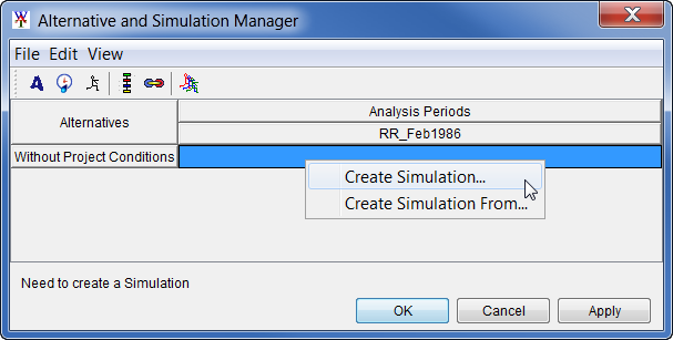 Alternative and Simulation Manager dialog box - Table.