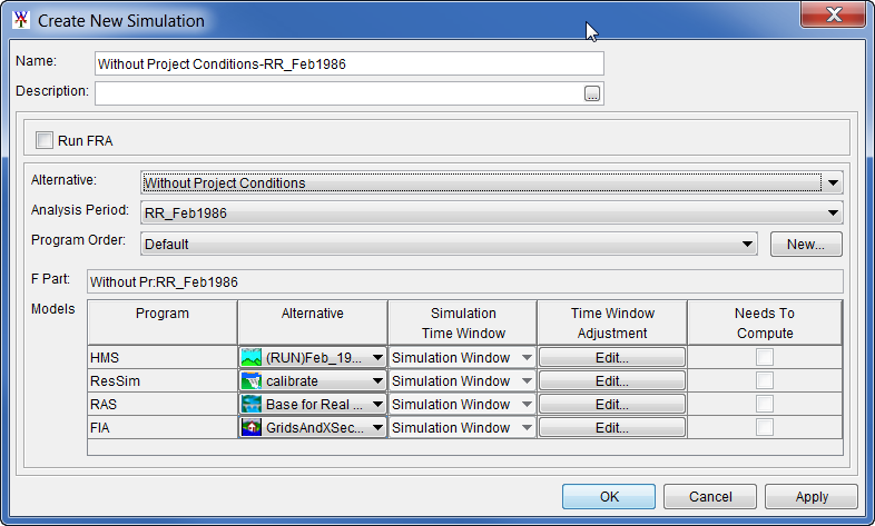 Create New Simulation editor, example deterministic simulation setup.