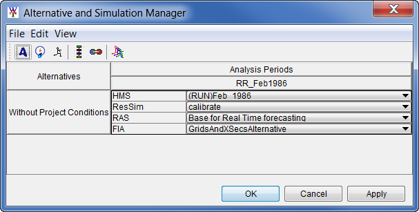 Alternative and Simulation Manager dialog box displaying an example created simulation.