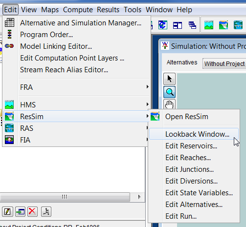 HEC-WAT main window, Edit menu, ResSim sub-menu commands.