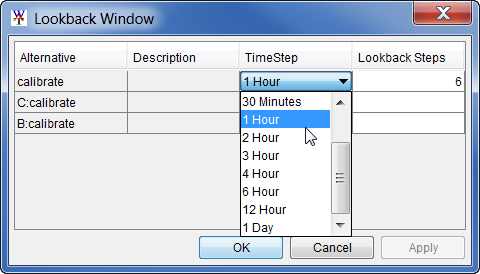 Lookback Window dialog box, example TimeStep selection and Lookback Steps value.