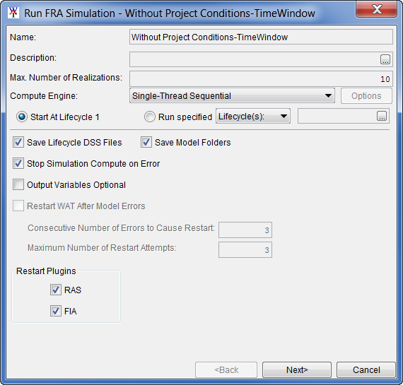 Run FRA Simulation dialog box with Compute Engine Single-Thread Sequential selected