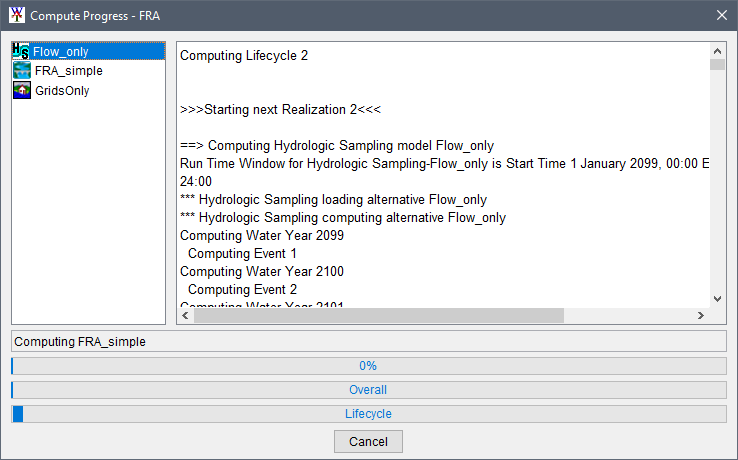 Compute Progress dialog box for an example Flood Risk Analysis (FRA) simulation. Compute Progress dialog box for an example Flood Risk Analysis (FRA) simulation.