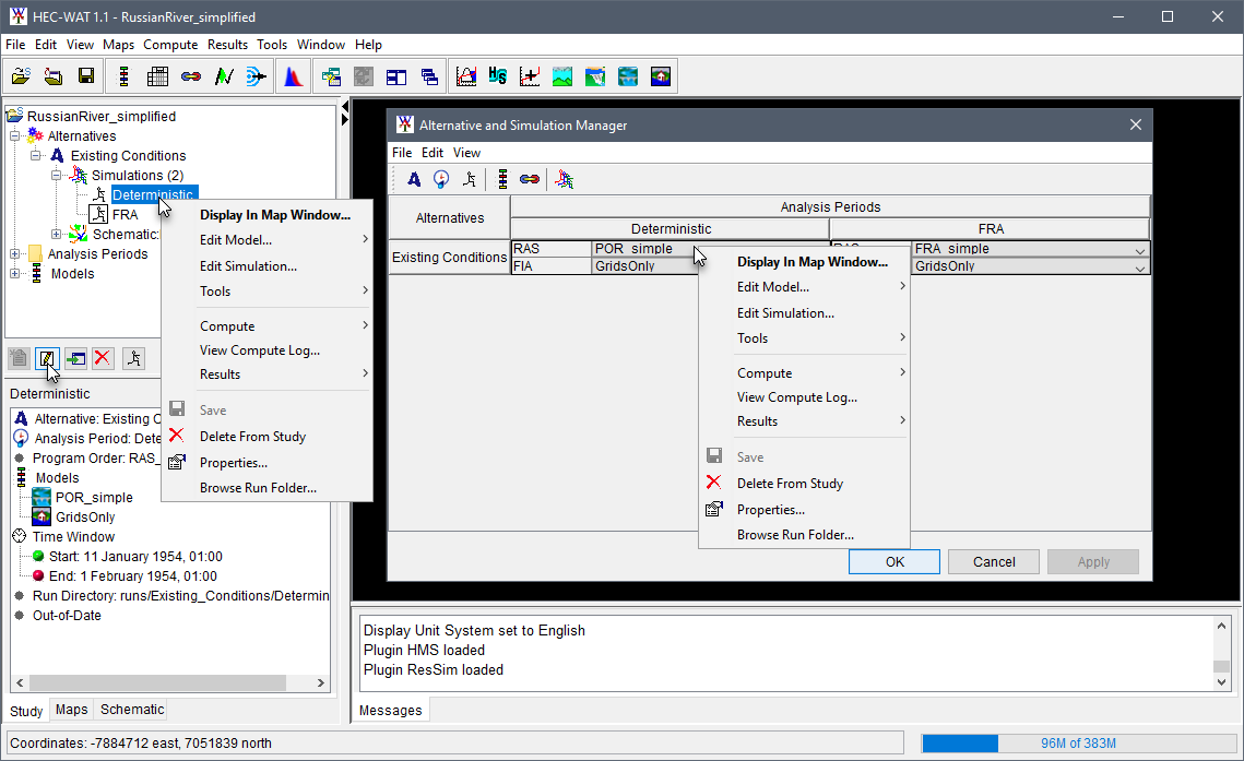 HEC-WAT main window and Alternative and Simulation Manager dialog box displaying the Edit Simulation command available from the individual deterministic simulation shortcut menu. HEC-WAT main window and Alternative and Simulation Manager dialog box displaying the Edit Simulation command available from the individual deterministic simulation shortcut menu.