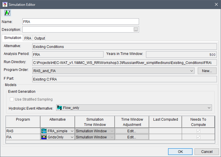 Simulation Editor, Simulation tab opened for a Flood Risk Analysis simulation.