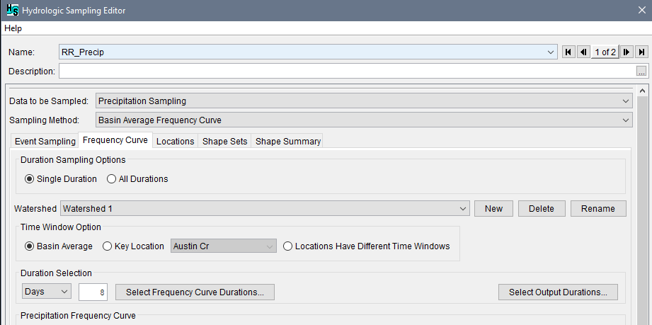 Frequency Curve Tab - Duration Sampling, Watershed, Time Window, Frequency Curve Durations