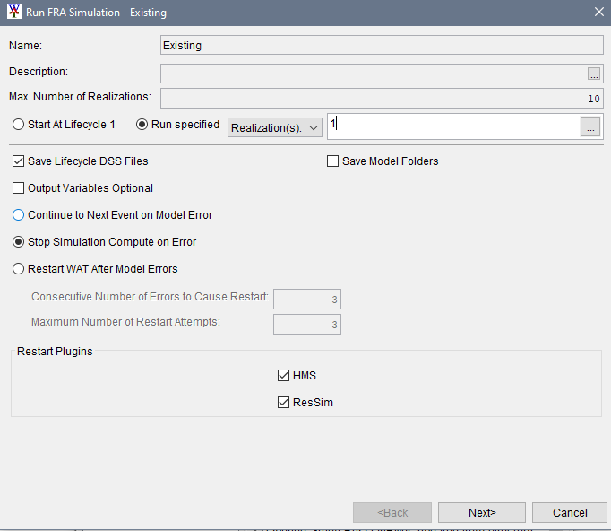Run FRA Simulation - Existing - Select Realization 1 to Run