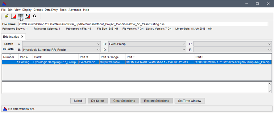 HEC-DSSVue - Filtered Record Selected - Toolbar Tabulate Icon