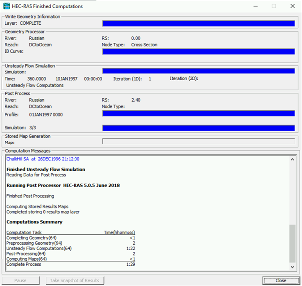 HEC-RAS - HEC-RAS Computations Dialog Box - Example Compute