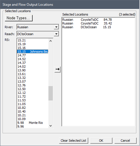 HEC-RAS - Stage and Flow Output Location dialog