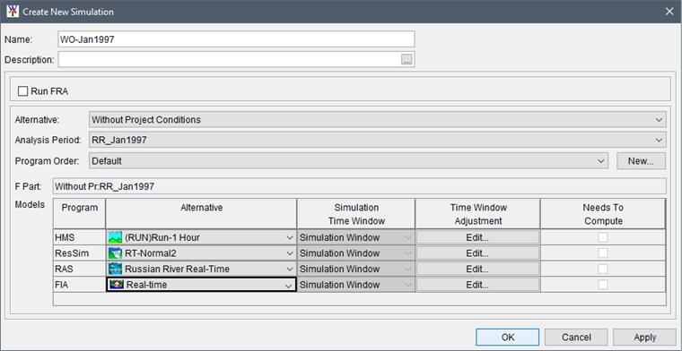 Create New Simulation Dialog Box - Completed