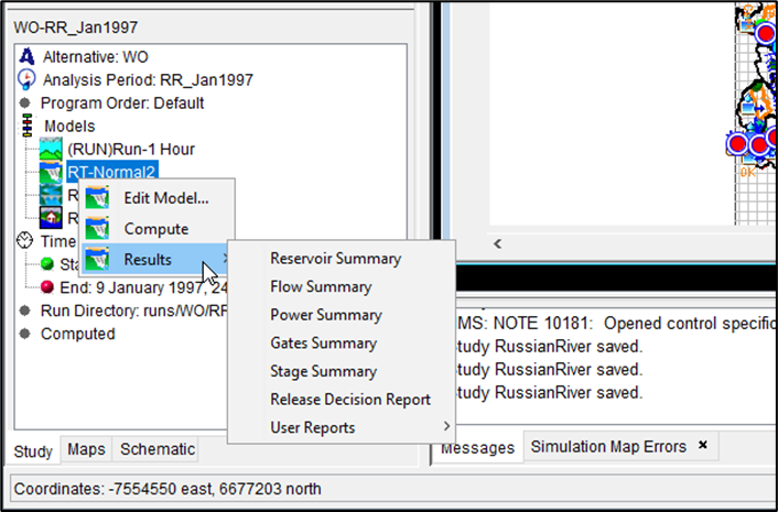 HEC-WAT Main Window - Content Pane - Shortcut Menu